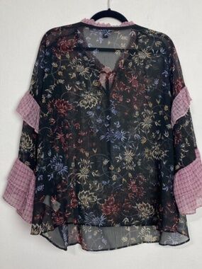 A.N.A Peasant Blouse Top Women XL Sheer Floral Ruffle Bell Sleeve Gypsy Bohemian